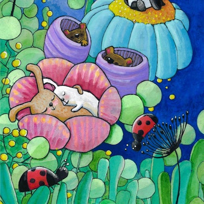 Illustrasjon av kaniner, bjørner og en panda som bor i blomster