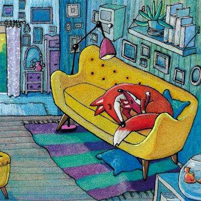 Illustrasjon av to rever som sover tett i en sofa